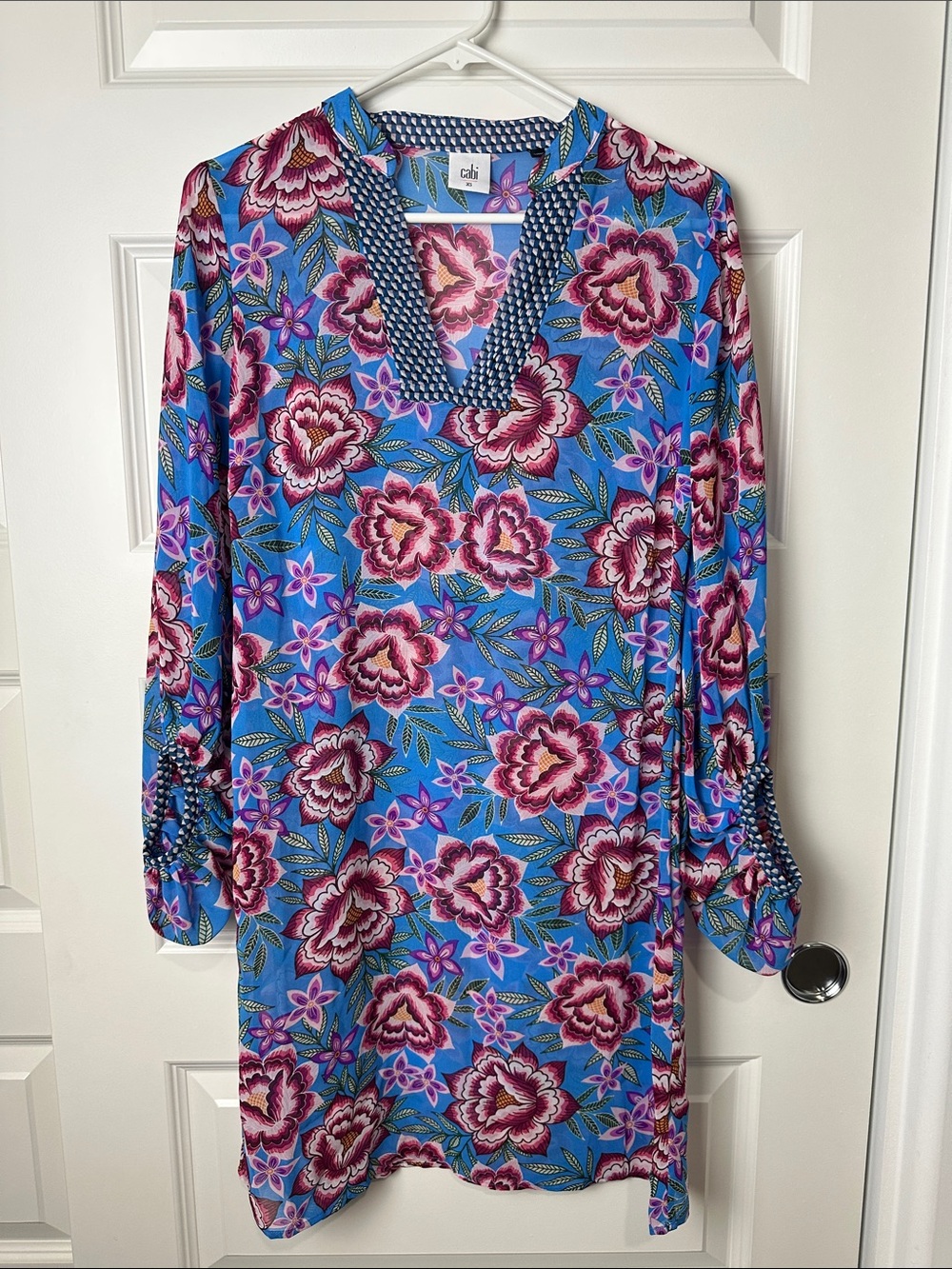 Cabi Women’s Blue Floral V-Neck Tunic Dress Sheer Coverup Vacation XS